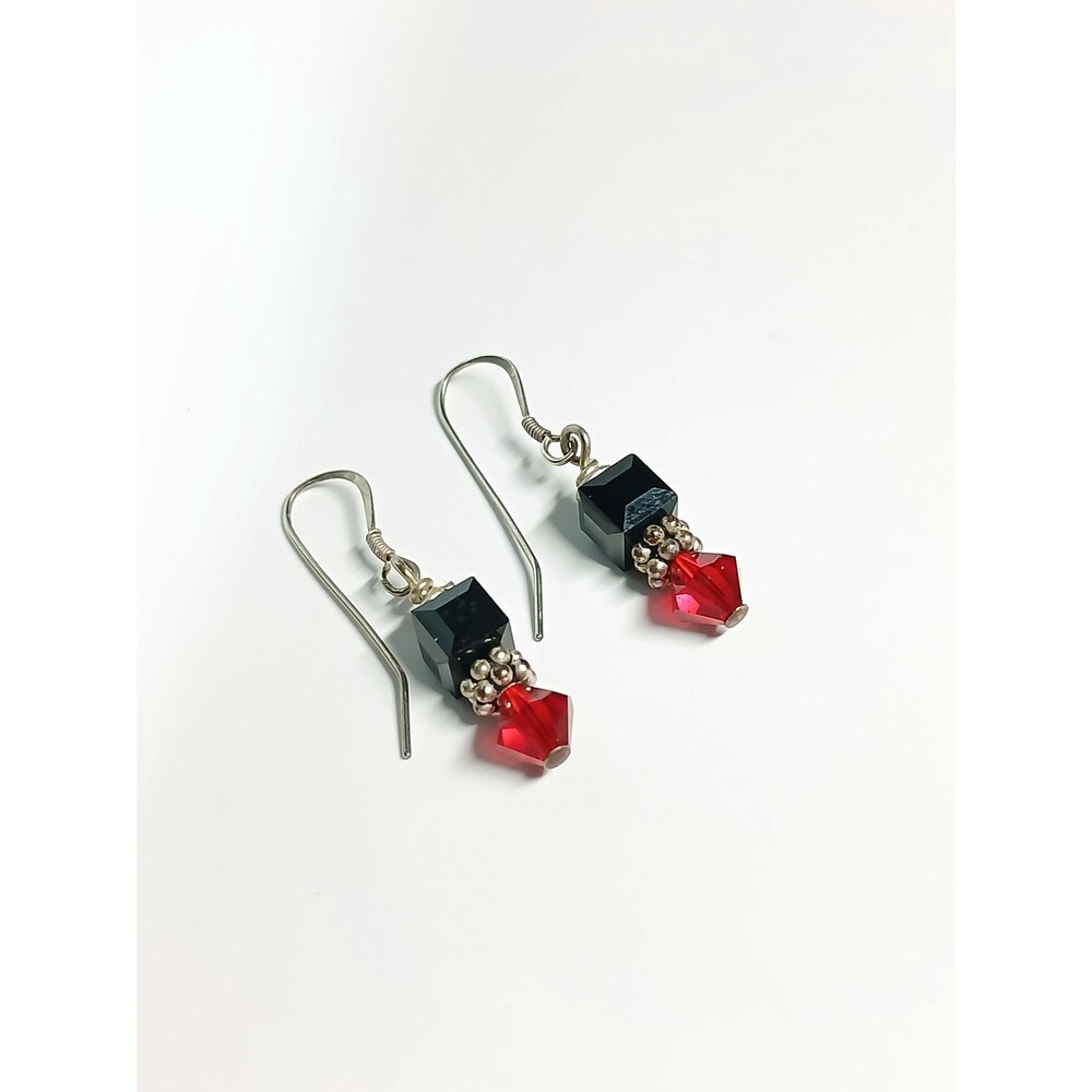 Sterling Silver Black Red Crystal Bead Dangle Earrings - Picture 9 of 16